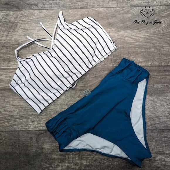 Joau Striped Lace Up Back Bikini Swimsuit Size L - Picture 1 of 3